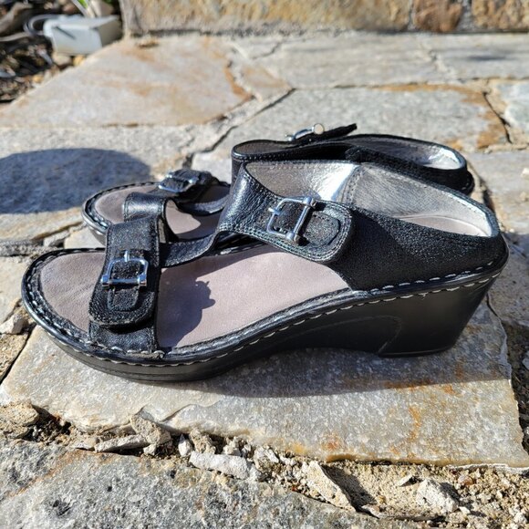 Alegria Black Leather Buckle Lara Pewter Slip On Wedge Heel Sandals Size 37 - Picture 4 of 11